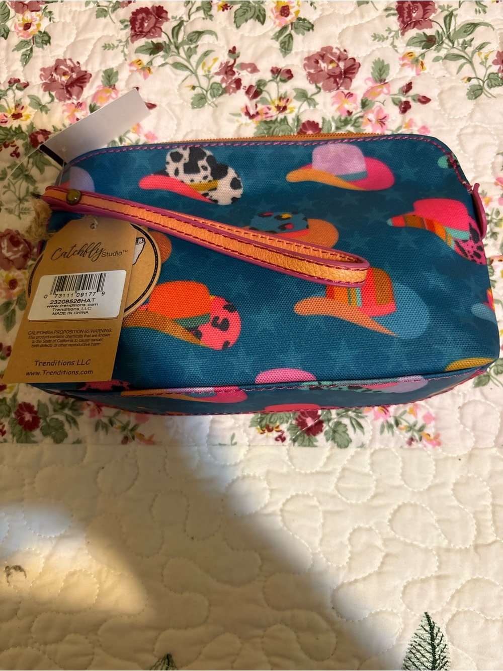 Cath Kidston Teal Hat-Print Wristlet Pouch with Pink Strap